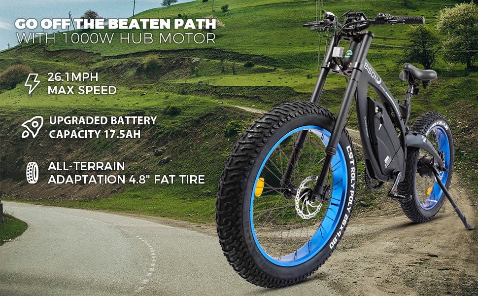 Ecotric 48v 17.5AH 1000W big fat tire ebike Bison-Matt Black, Top Speed 25MPH