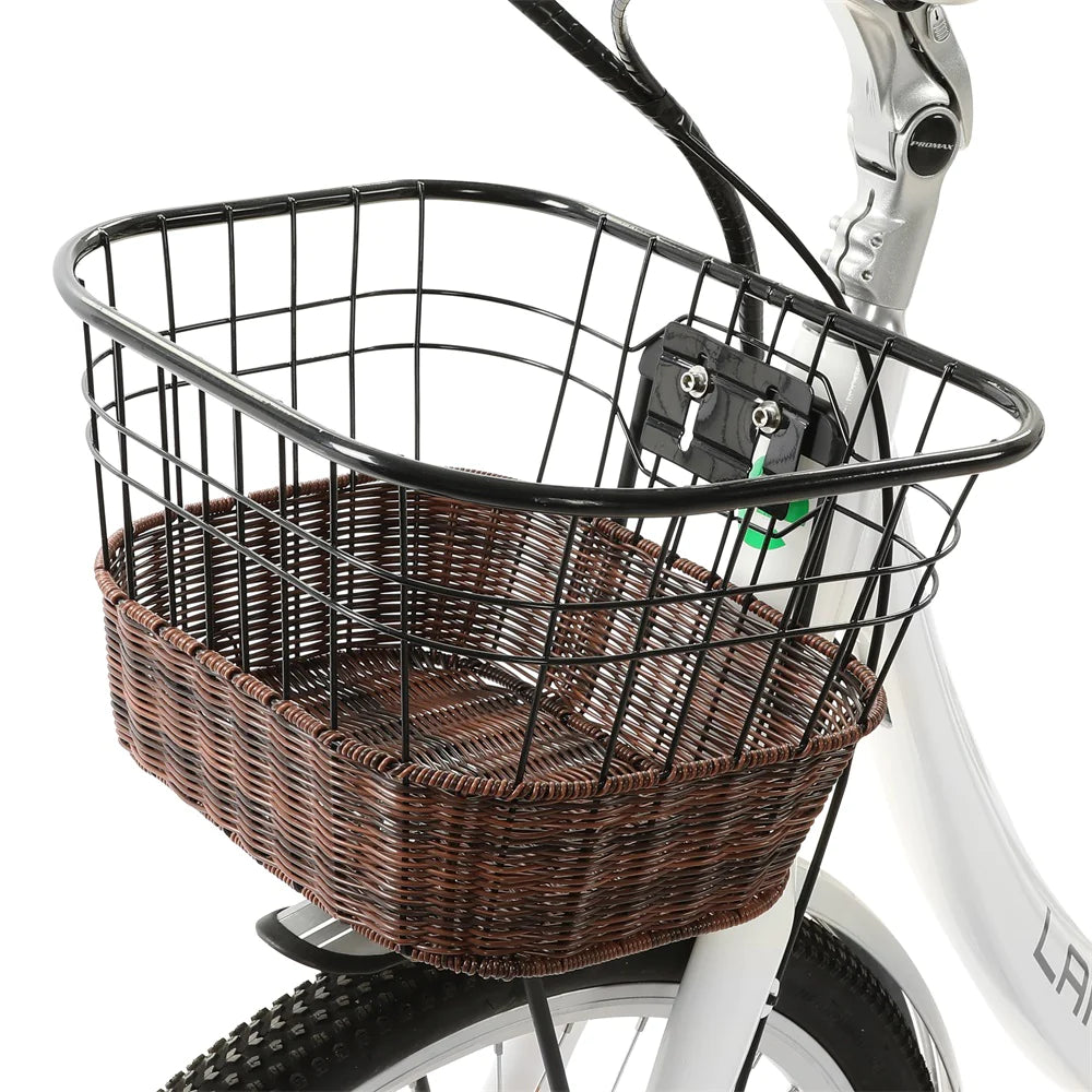 Ecotric White Lark Electric City Bike For Women with basket and rear rack, 26 Inch Top Speed 25MPH